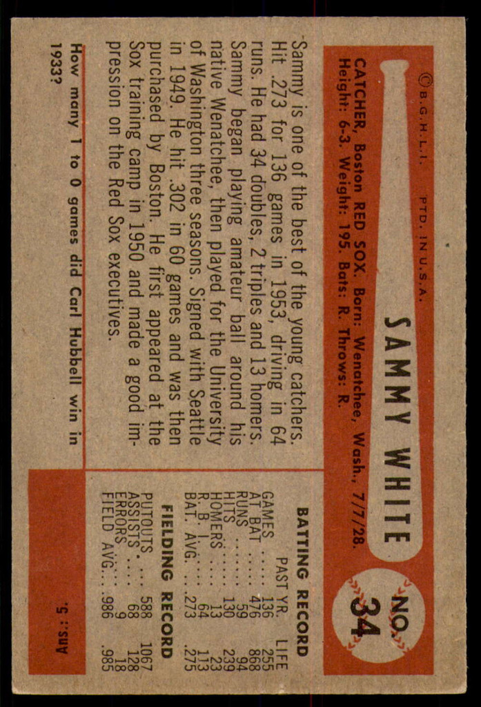 1954 Bowman #34 Sammy White Very Good  ID: 237671