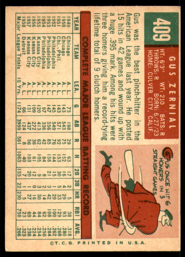 1959 Topps #409 Gus Zernial Excellent 