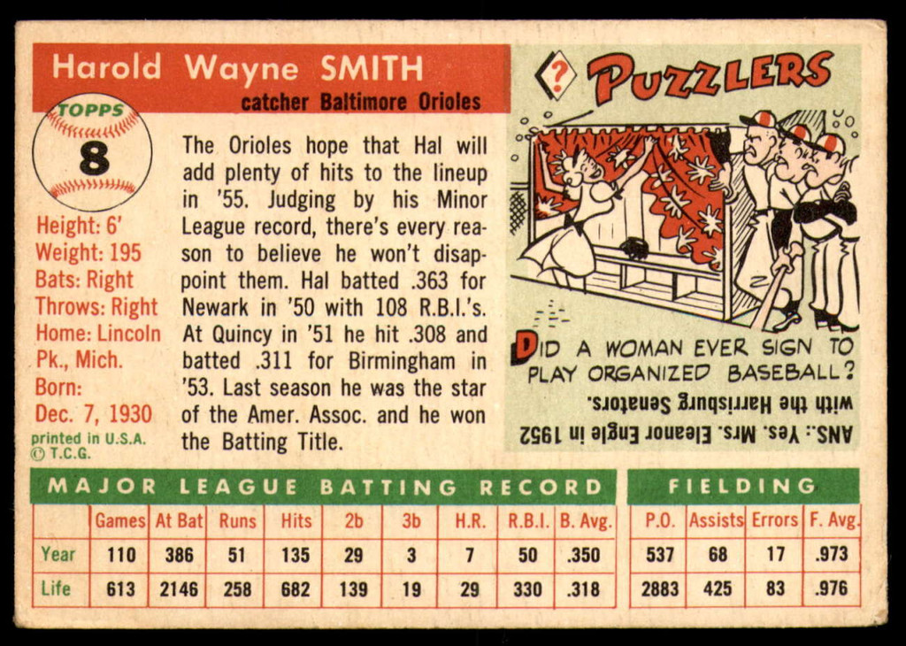 1955 Topps #8 Hal Smith UER Very Good RC Rookie  ID: 223098