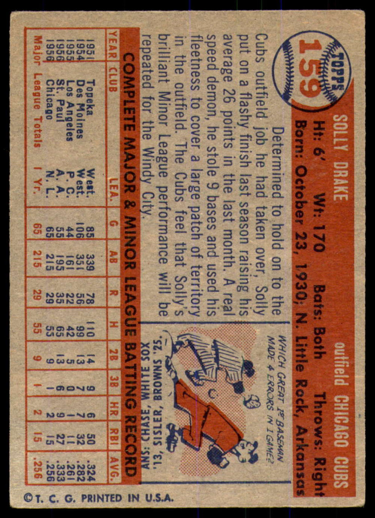 1957 Topps #159 Solly Drake Excellent RC Rookie  ID: 238715