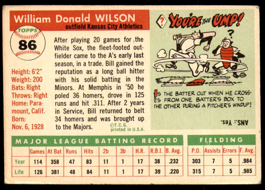 1955 Topps #86 Bill Wilson Very Good  ID: 220031