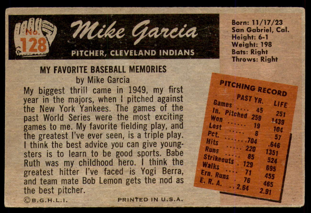 1955 Bowman #128 Mike Garcia G-VG 