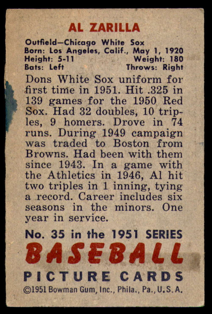 1951 Bowman #35 Al Zarilla Good  ID: 226706