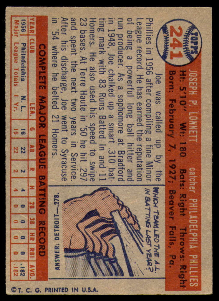 1957 Topps #241 Joe Lonnett Excellent RC Rookie  ID: 221081
