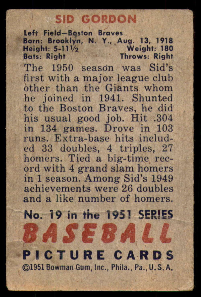 1951 Bowman #19 Sid Gordon Good 