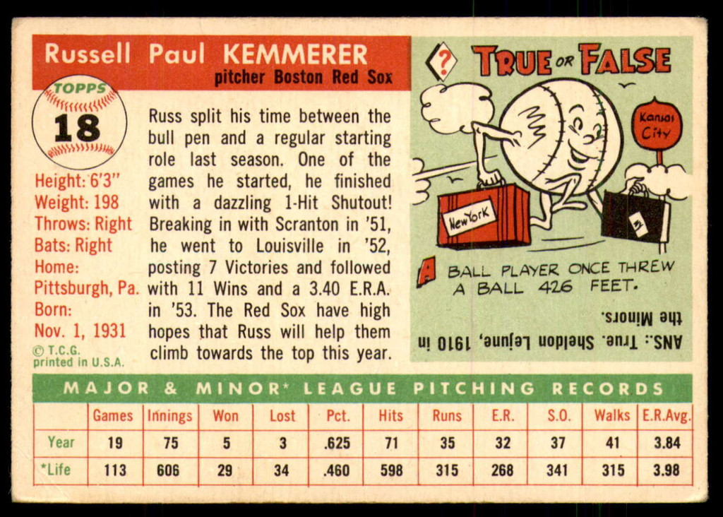 1955 Topps #18 Russ Kemmerer Very Good RC Rookie  ID: 219823