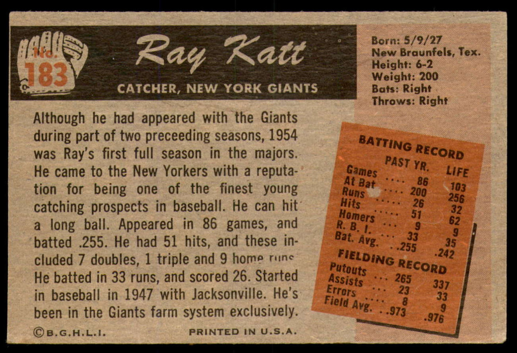 1955 Bowman #183 Ray Katt VG-EX 