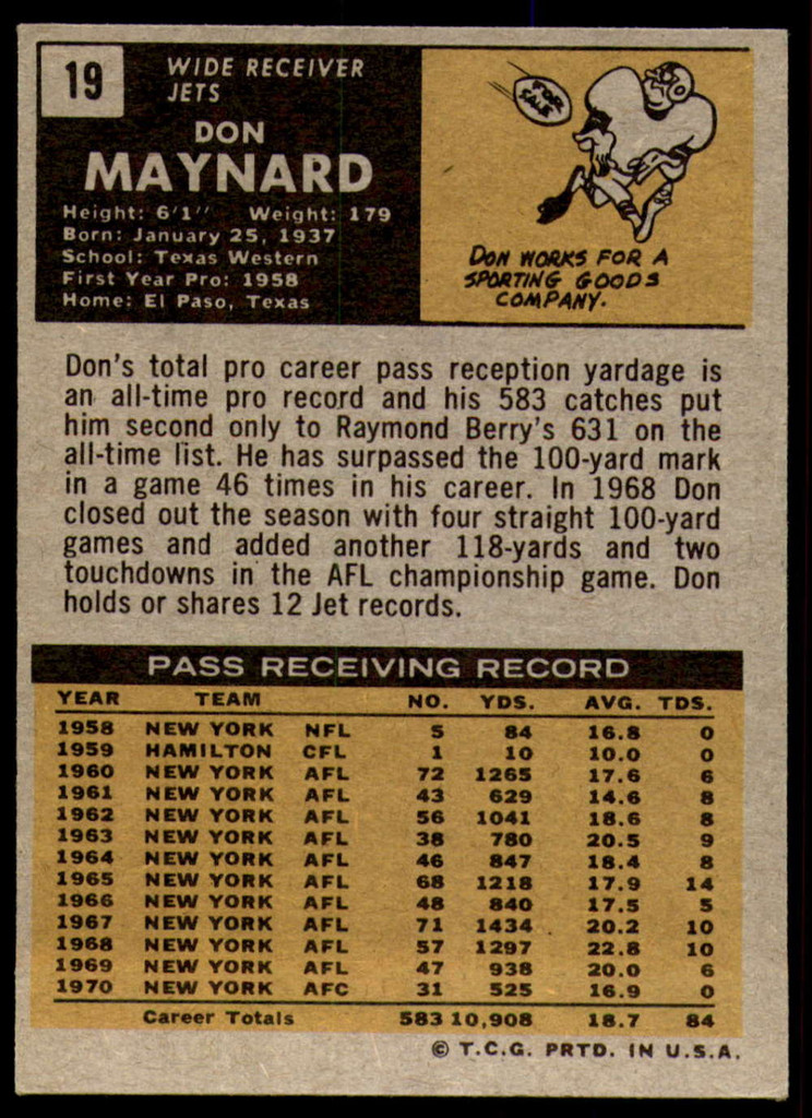 1971 Topps # 19 Don Maynard Ex-Mint  ID: 225722