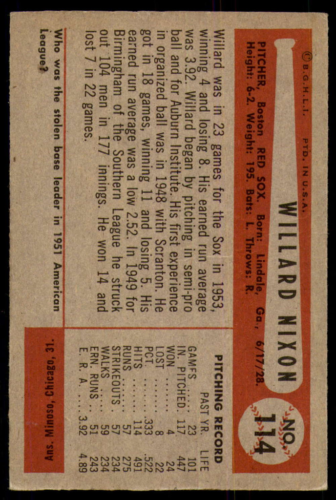 1954 Bowman #114 Willard Nixon Very Good  ID: 237761
