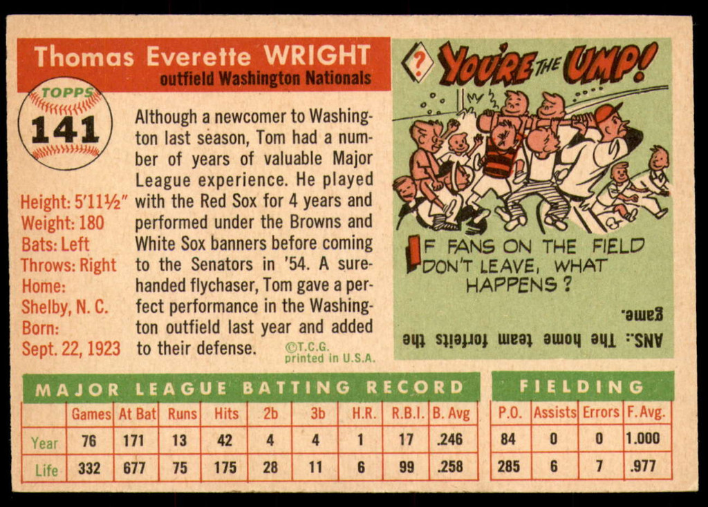 1955 Topps #141 Tom Wright Very Good  ID: 228059
