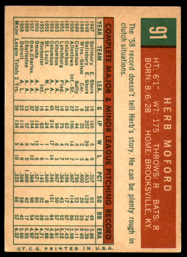 1959 Topps #91 Herb Moford Excellent+ RC Rookie  ID: 229913