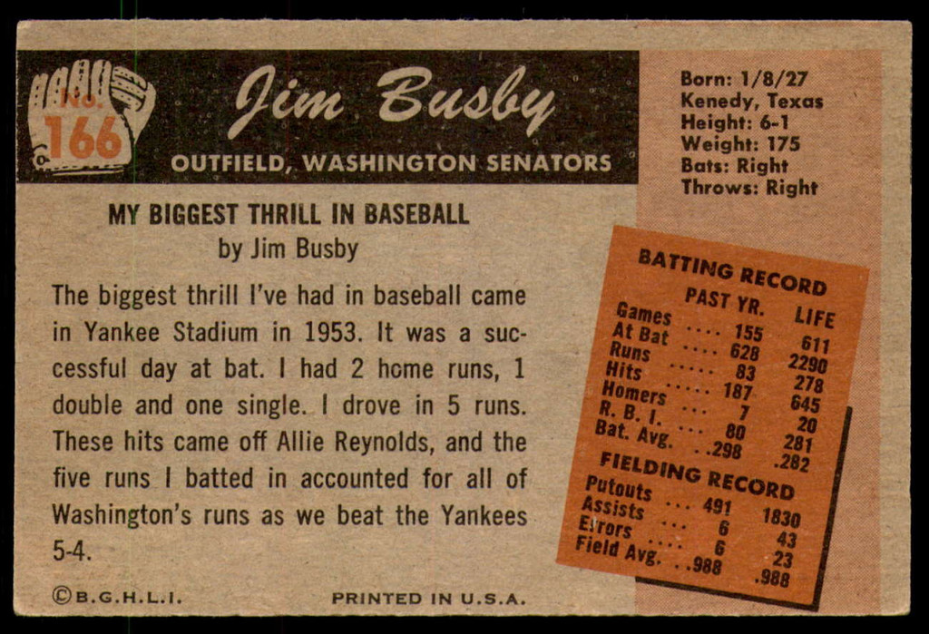 1955 Bowman #166 Jim Busby Very Good 