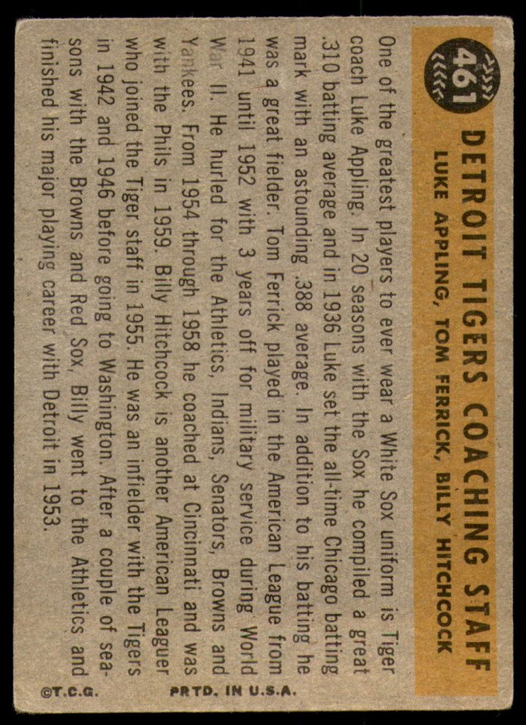 1960 Topps #461 Tigers Coaches Very Good  ID: 240256