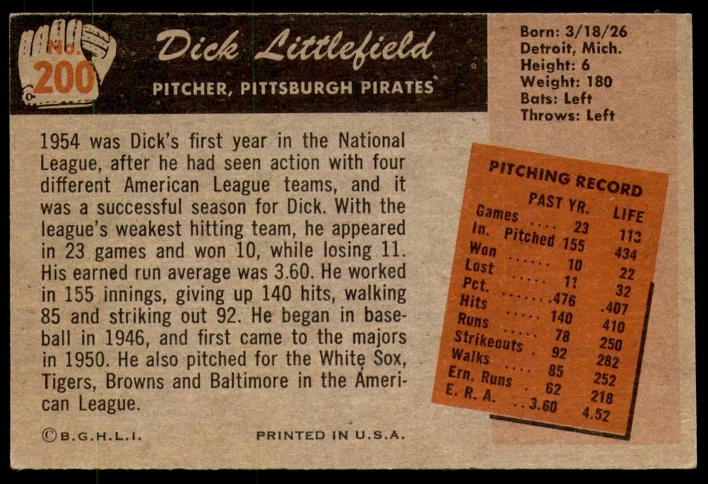 1955 Bowman #200 Dick Littlefield Very Good 