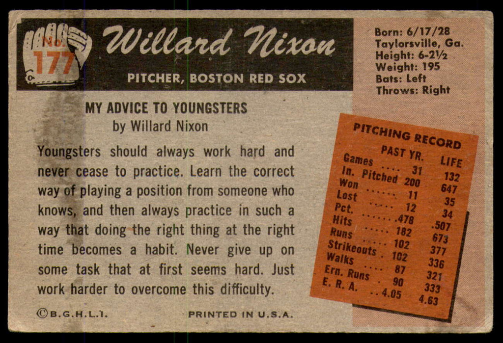 1955 Bowman #177 Willard Nixon Very Good  ID: 220333