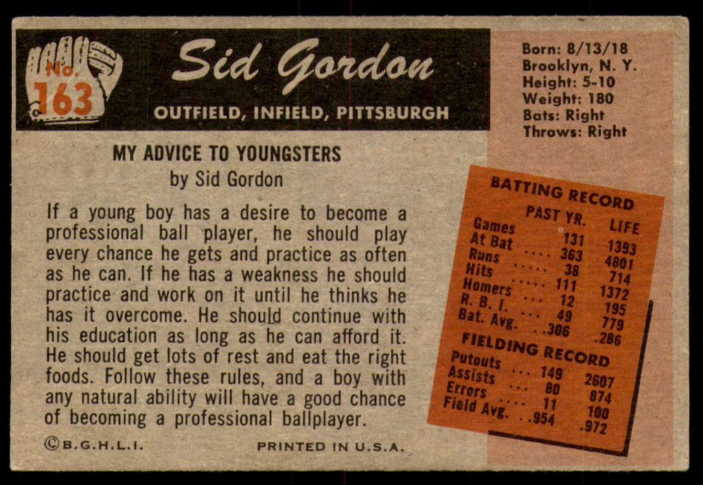 1955 Bowman #163 Sid Gordon Very Good 