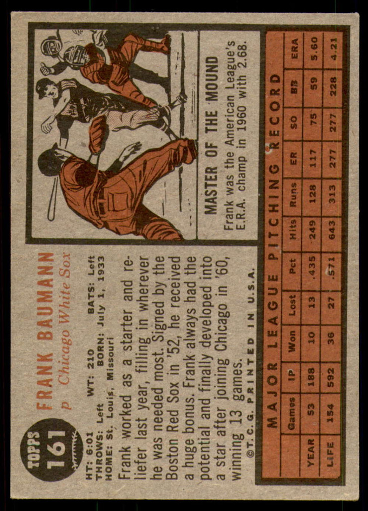 1962 Topps #161 Frank Baumann Excellent+  ID: 250134