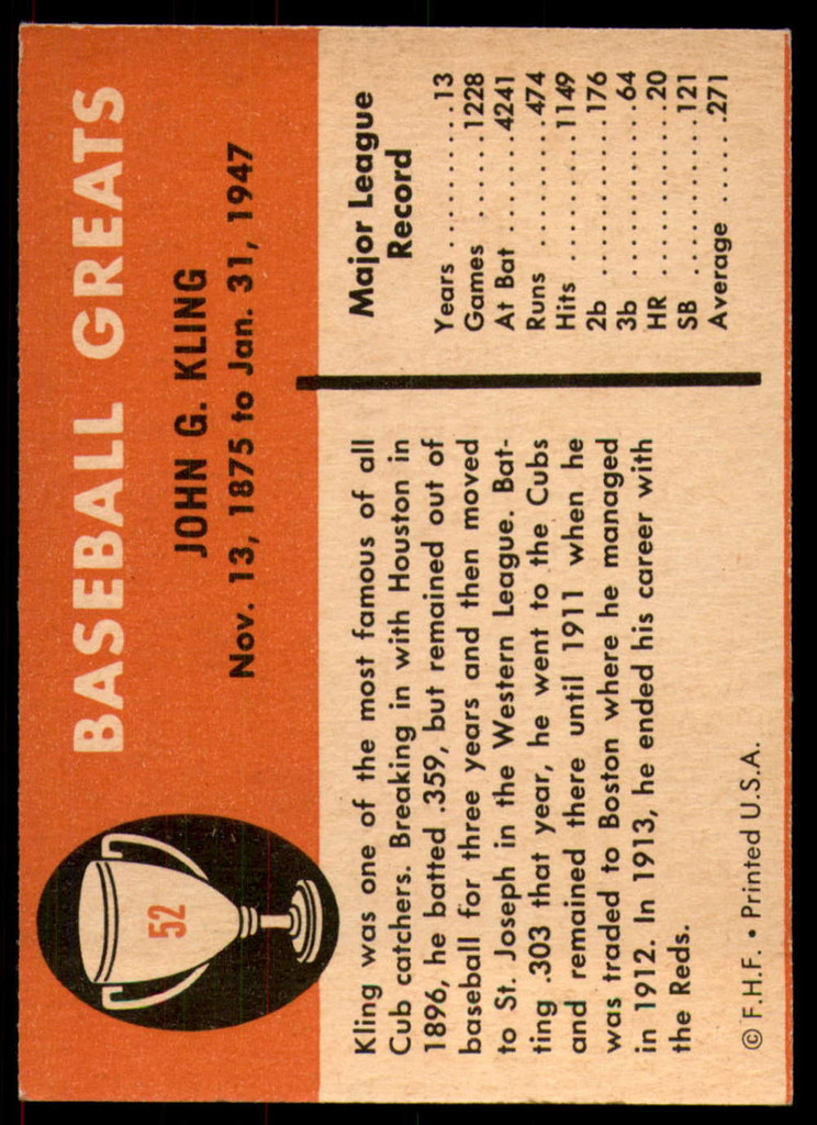 1961 Fleer #52 Johnny Kling Near Mint  ID: 233765