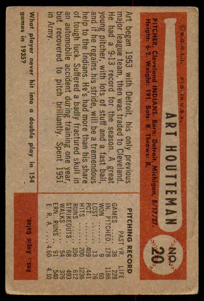 1954 Bowman #20 Art Houtteman G-VG  ID: 237645