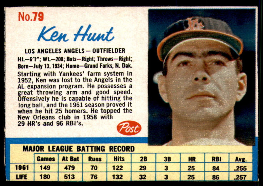 1962 Post Cereal #79 Ken Hunt Ex-Mint  ID: 234582