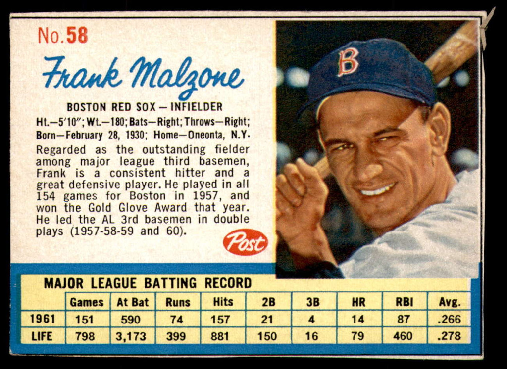 1962 Post Cereal #58 Frank Malzone Ex-Mint  ID: 226139