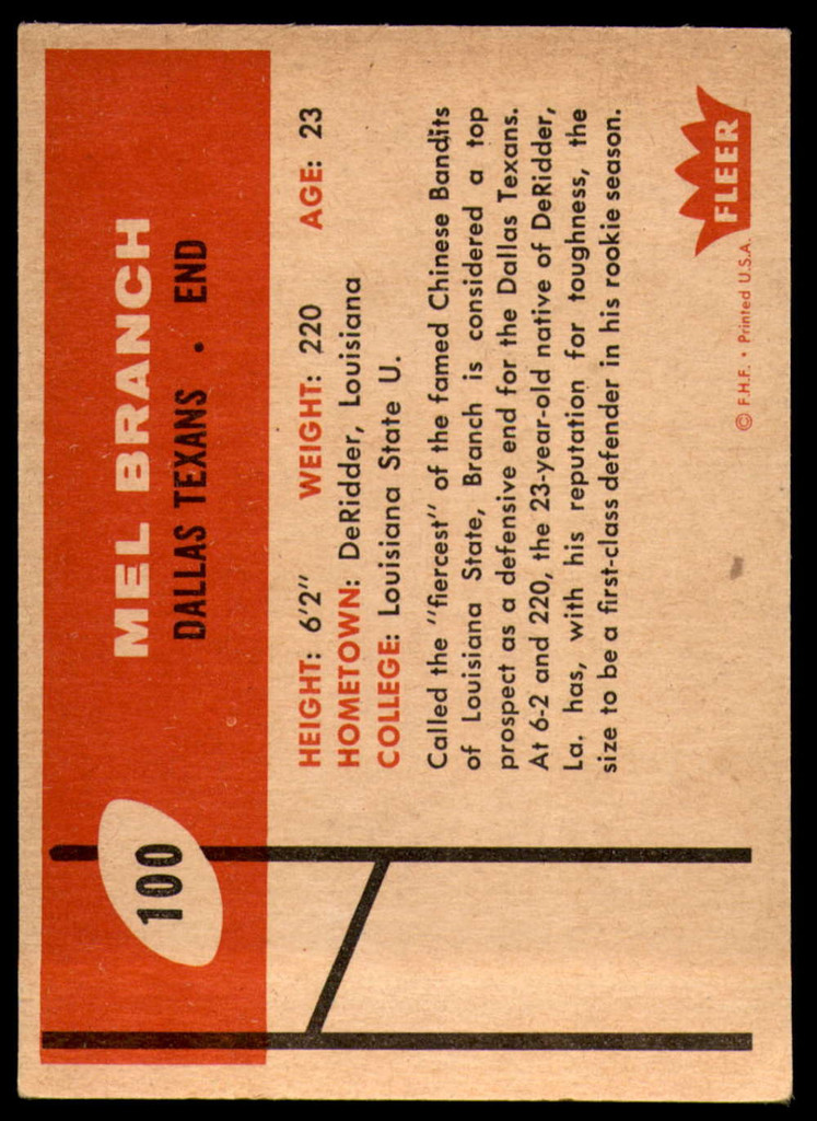 1960 Fleer #100 Mel Branch Excellent+ RC Rookie 