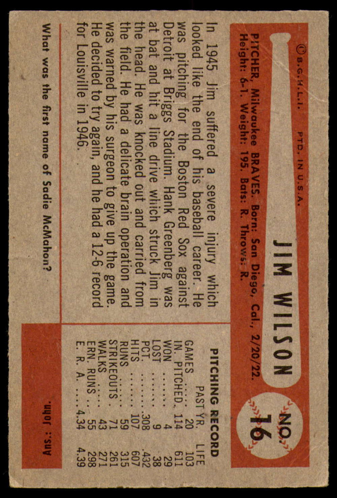 1954 Bowman #16 Jim Wilson Very Good  ID: 253531