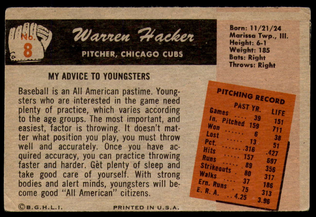 1955 Bowman #8 Warren Hacker Very Good  ID: 238184