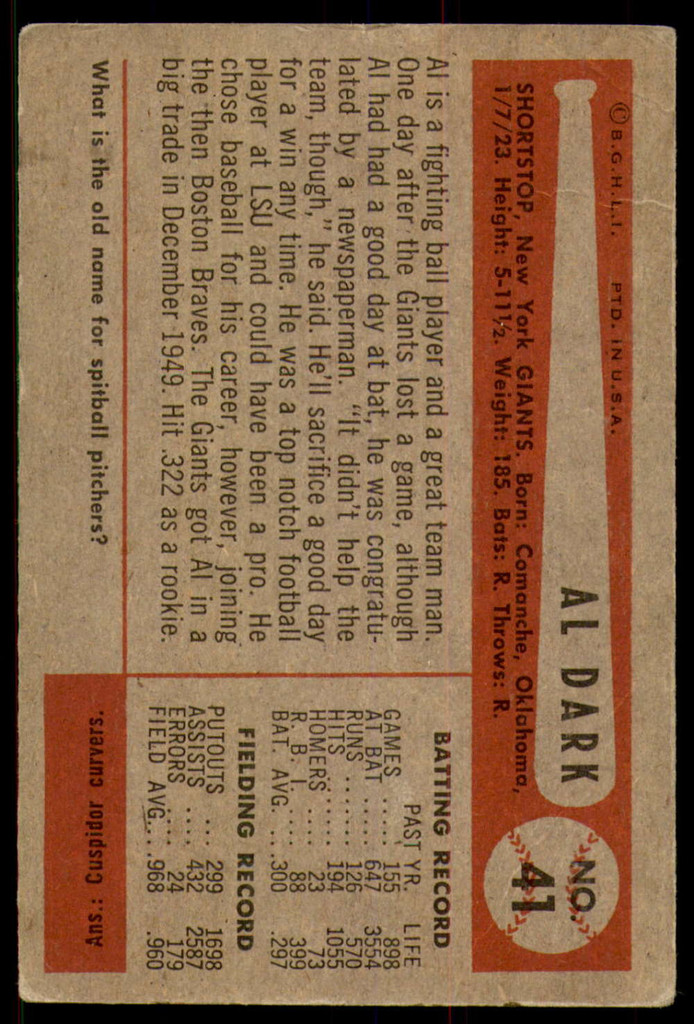 1954 Bowman #41 Alvin Dark UER G-VG  ID: 237680