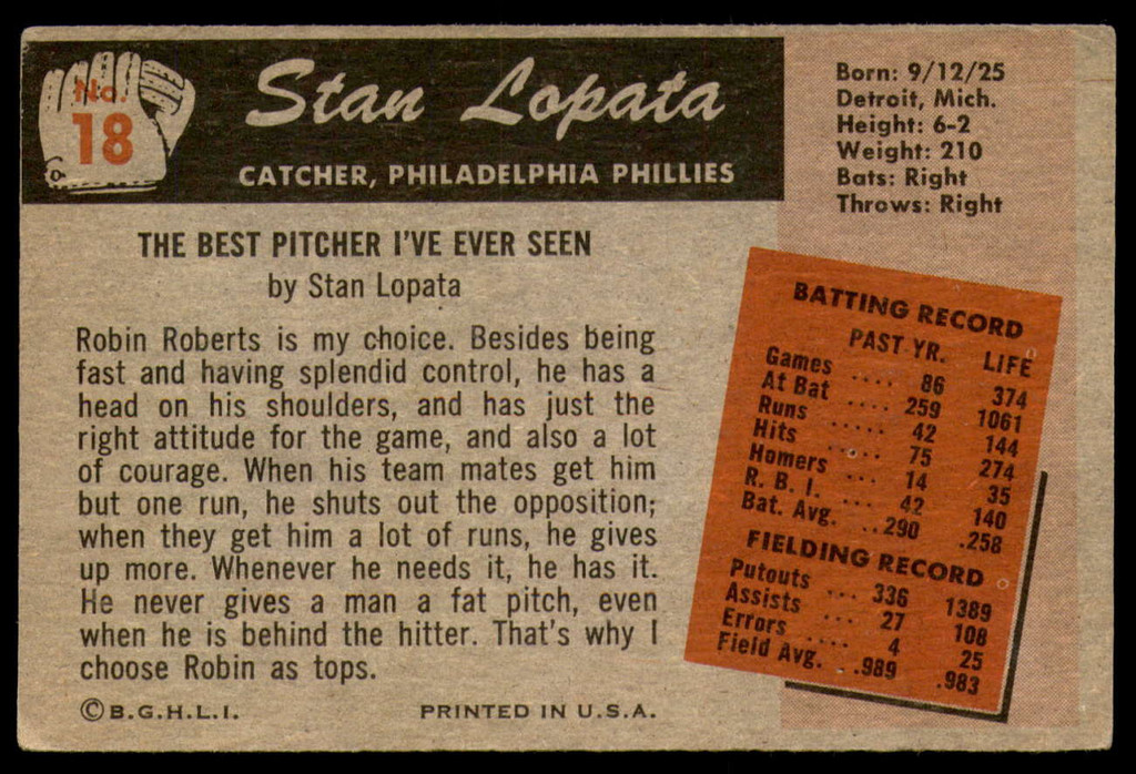 1955 Bowman #18 Stan Lopata G-VG 