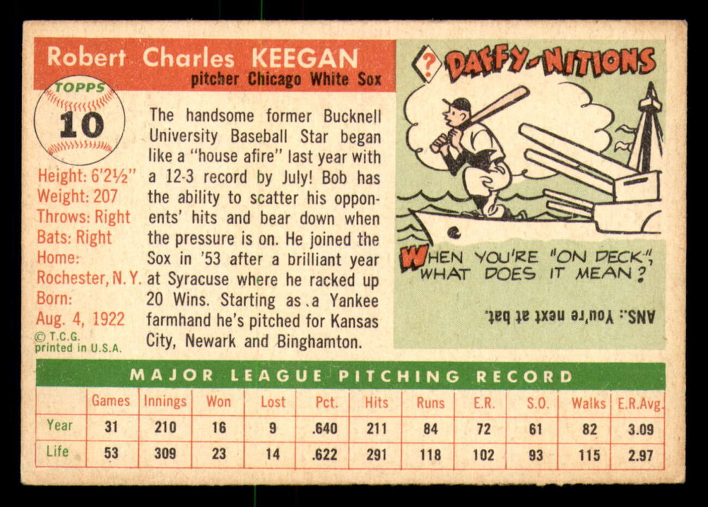 1955 Topps #10 Bob Keegan UER G-VG 