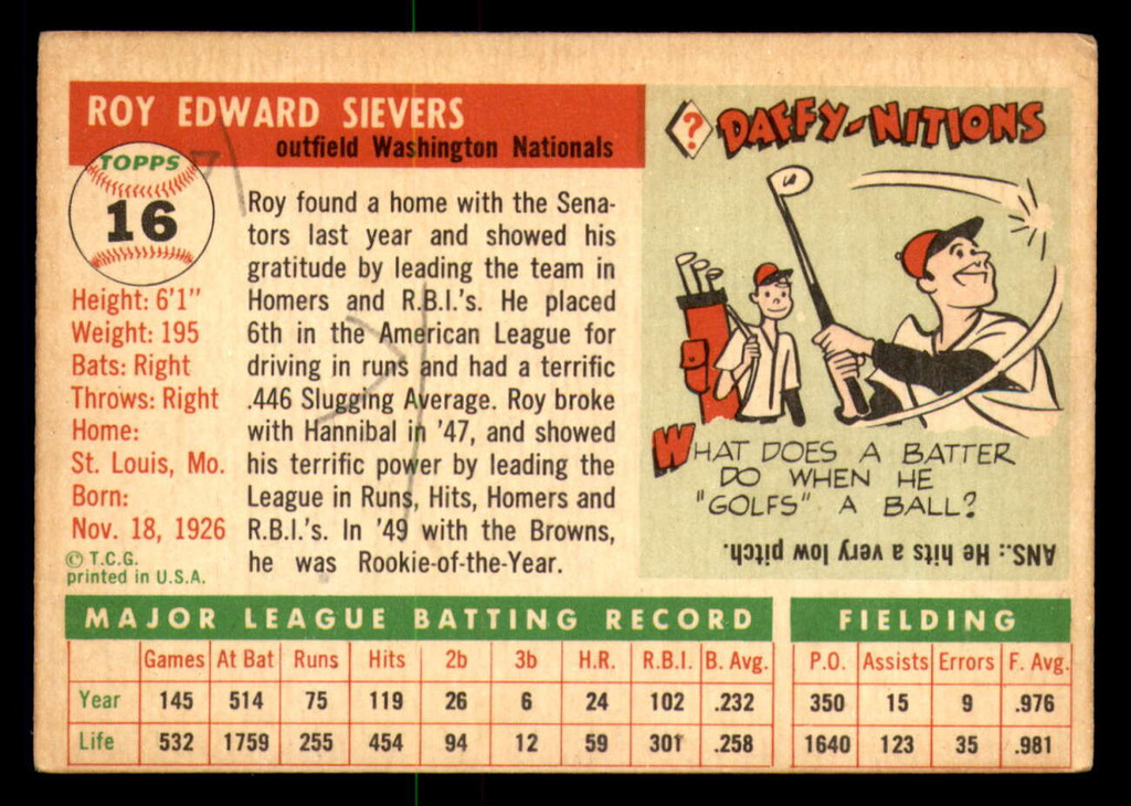 1955 Topps #16 Roy Sievers Writing on Back 