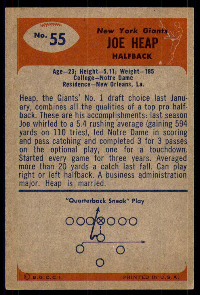 1955 Bowman #55 Joe Heap Excellent+ RC Rookie  ID: 243872