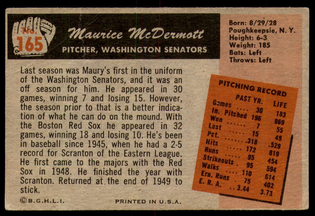 1955 Bowman #165 Mickey McDermott G-VG 