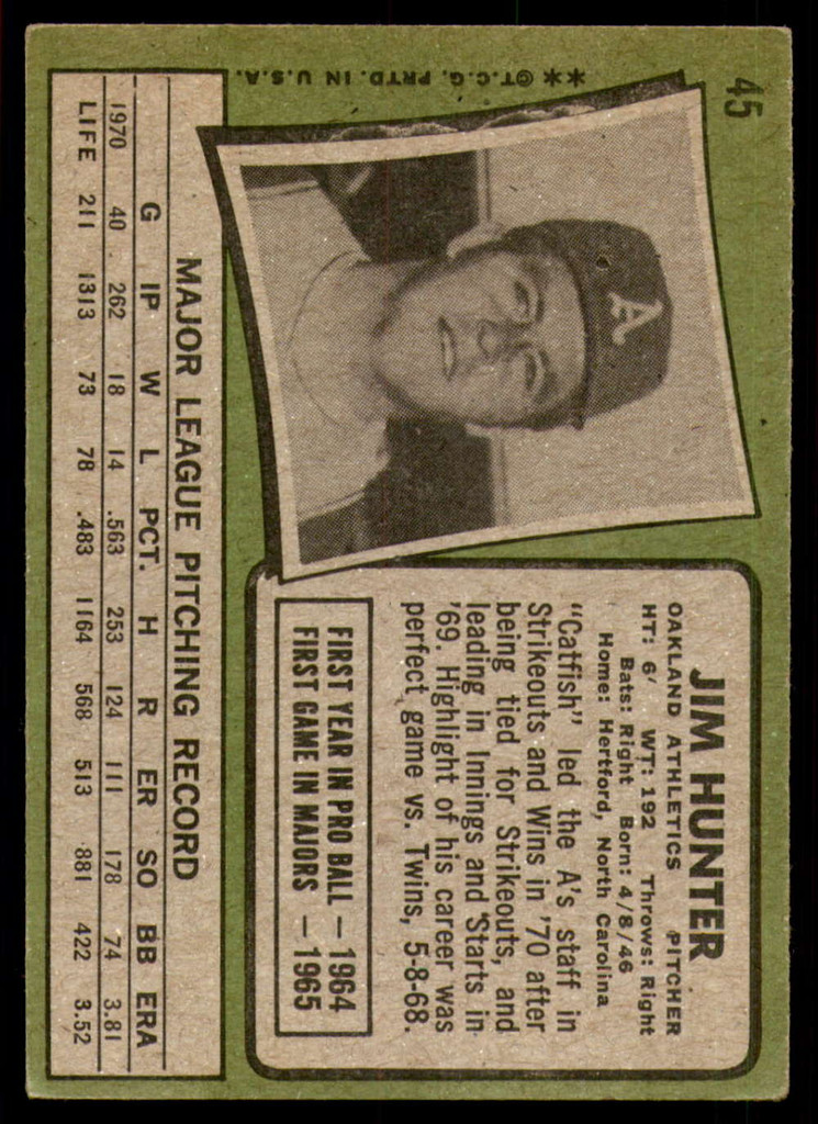 1971 Topps # 45 Jim Hunter Excellent 