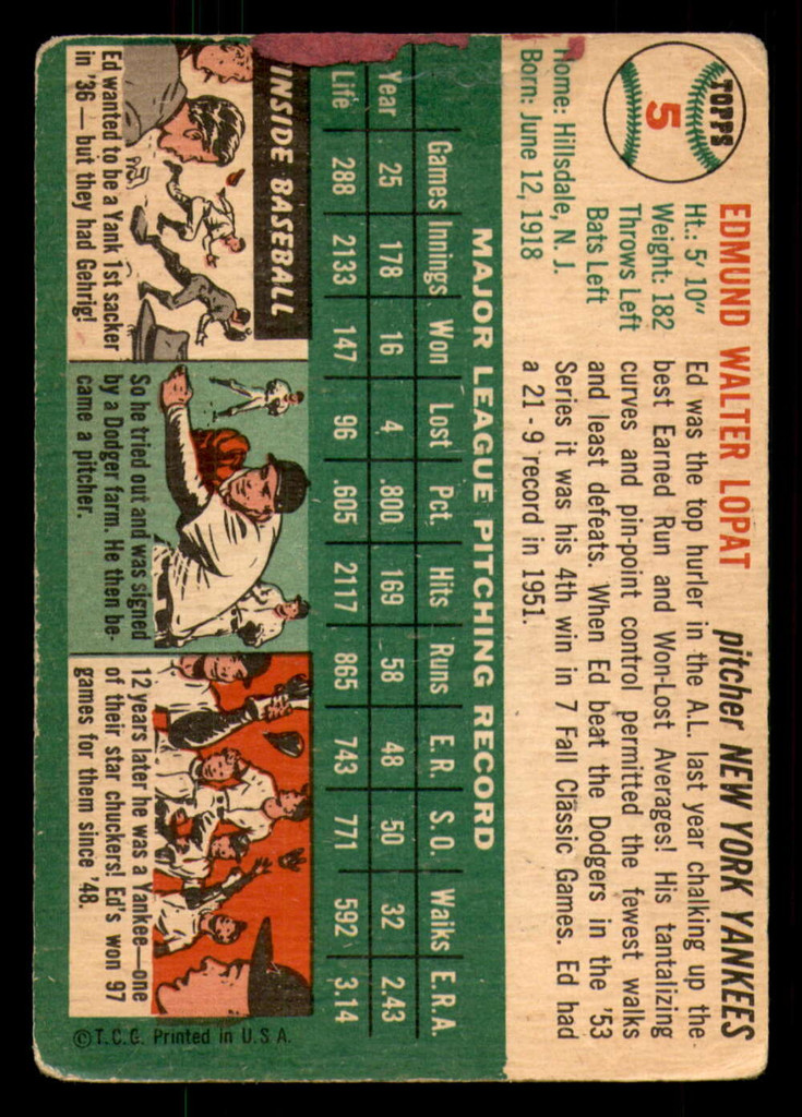 1954 Topps #5 Ed Lopat Poor  ID: 301029