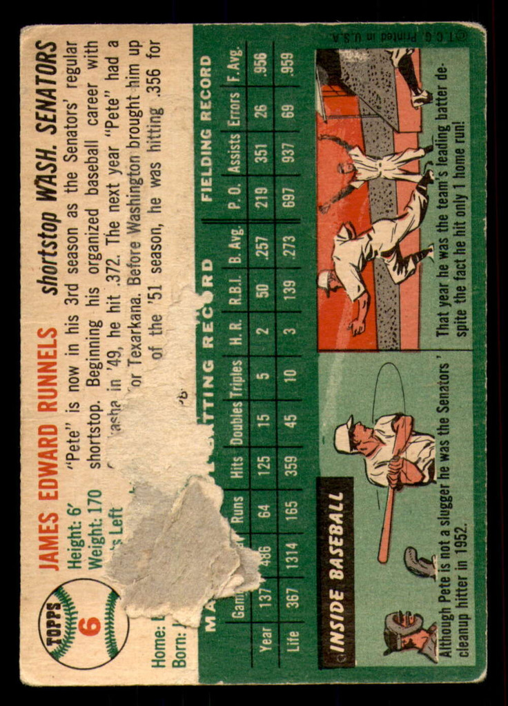 1954 Topps #6 Pete Runnels Poor  ID: 301031