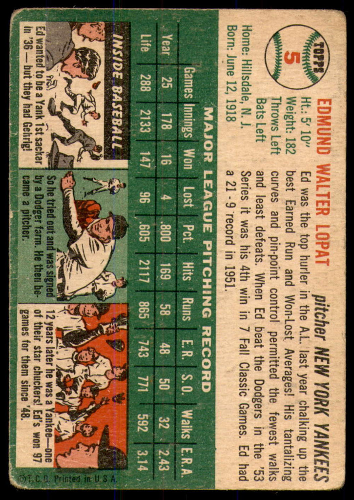 1954 Topps #5 Ed Lopat Poor  ID: 213486