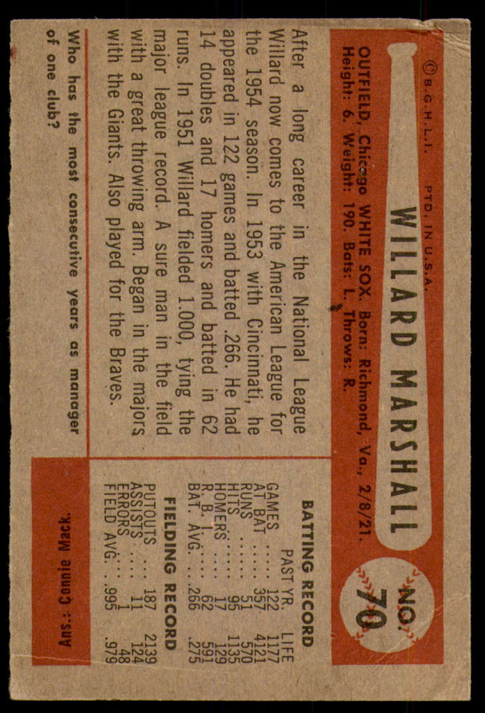 1954 Bowman #70 Willard Marshall G-VG  ID: 249585
