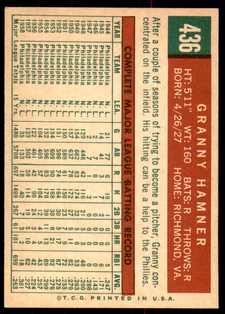 1959 Topps #436 Granny Hamner Ex-Mint  ID: 230902