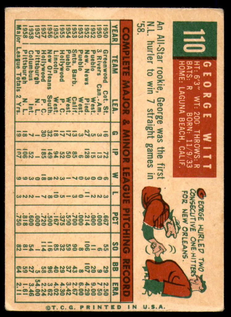 1959 Topps #110 George Witt Very Good RC Rookie  ID: 215845