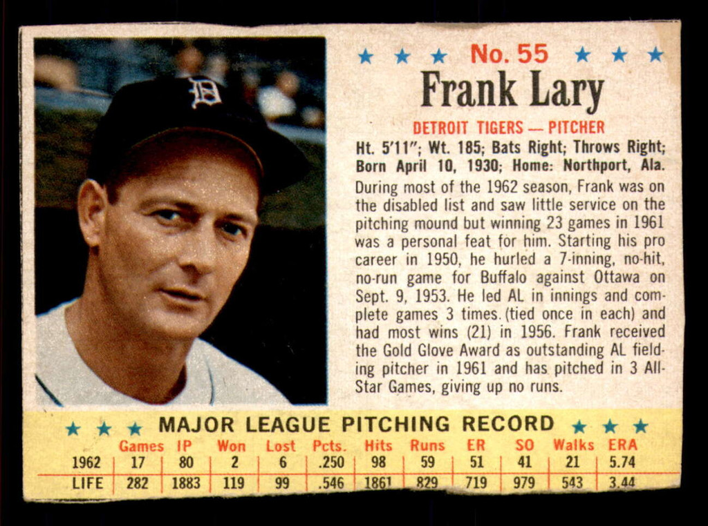 1963 Post Cereal #55 Frank Lary Excellent 