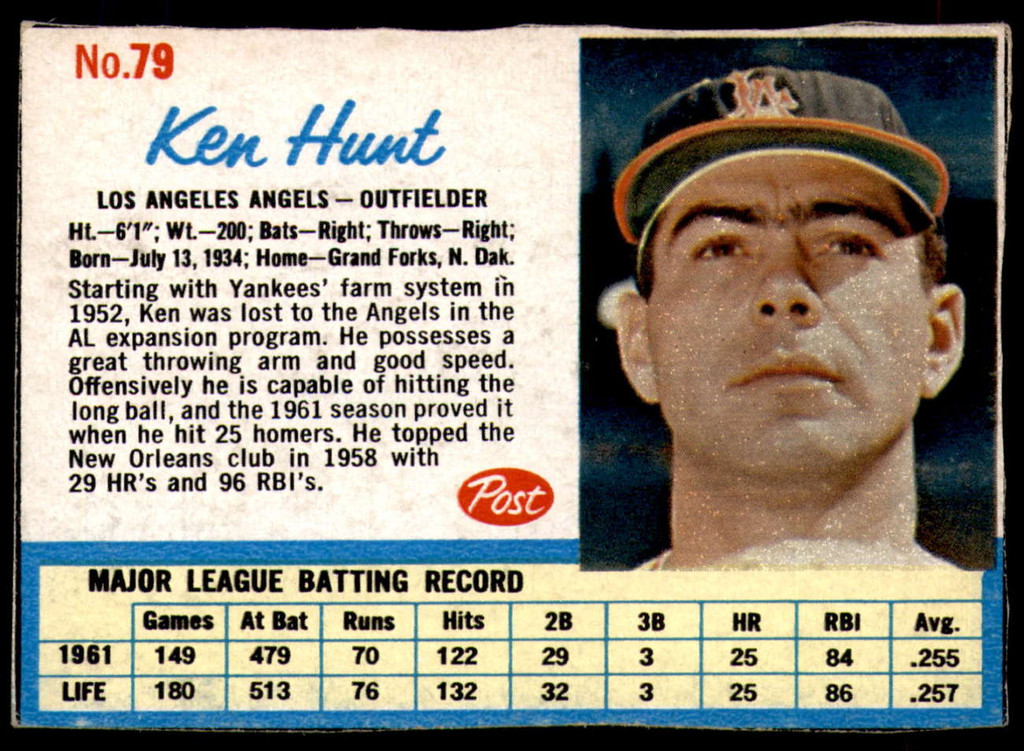 1962 Post Cereal #79 Ken Hunt Excellent+  ID: 224343