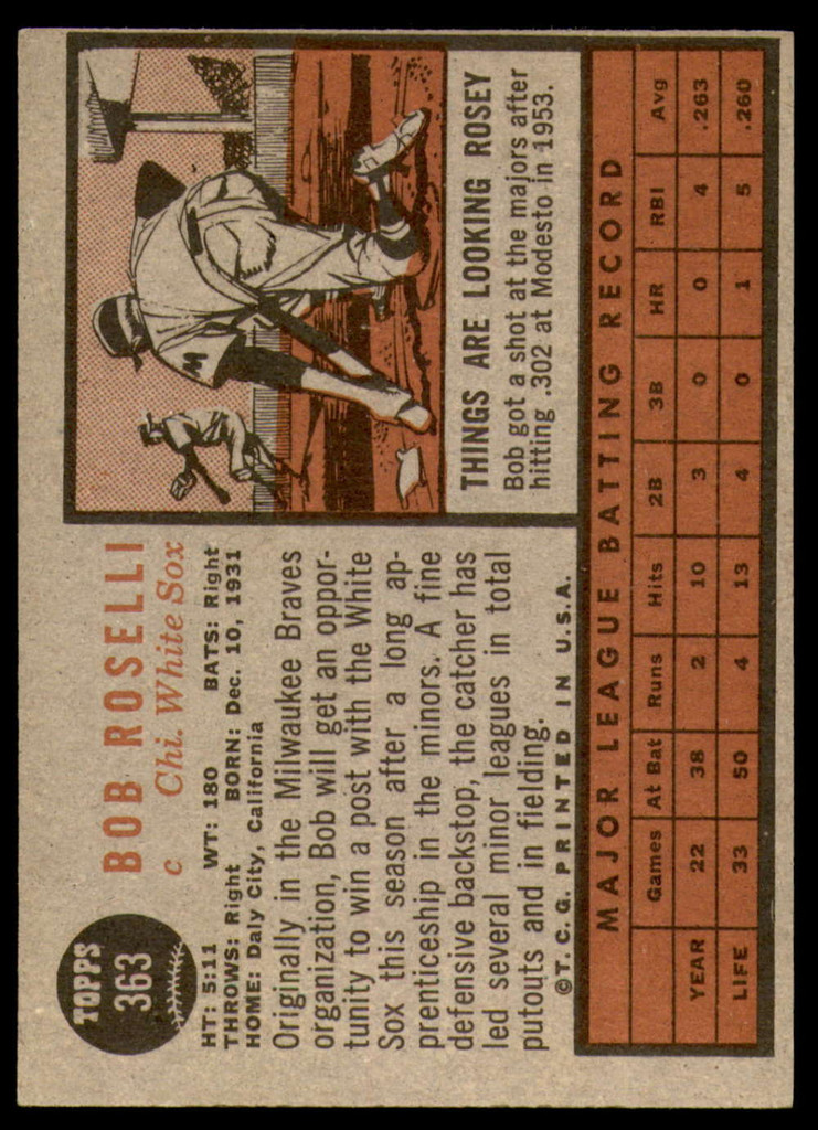 1962 Topps #363 Bob Roselli Excellent  ID: 227674