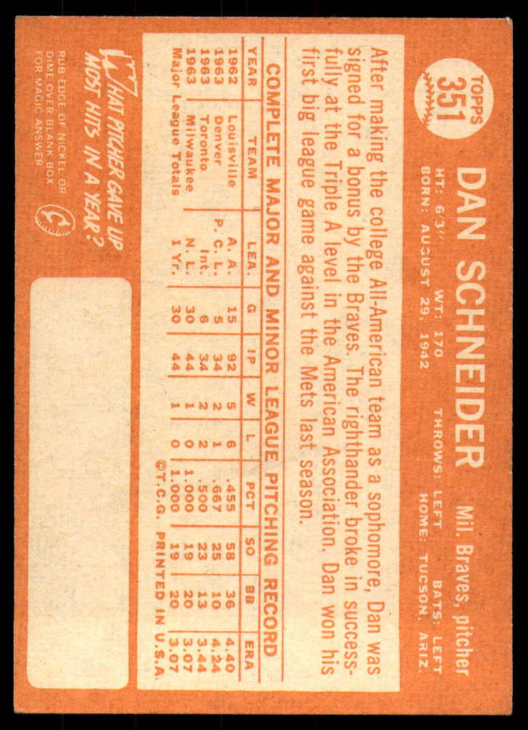 1964 Topps #351 Dan Schneider Excellent+ 