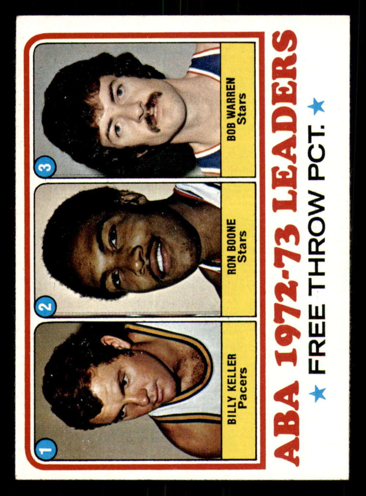 1973-74 Topps #237 Billy Keller/Ron Boone/Bob Warren ABA F.T. Pct. Leaders Ex-Mint  ID: 282488