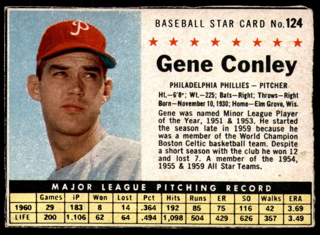 1961 Post Cereal #124 Gene Conley Excellent+  ID: 224122