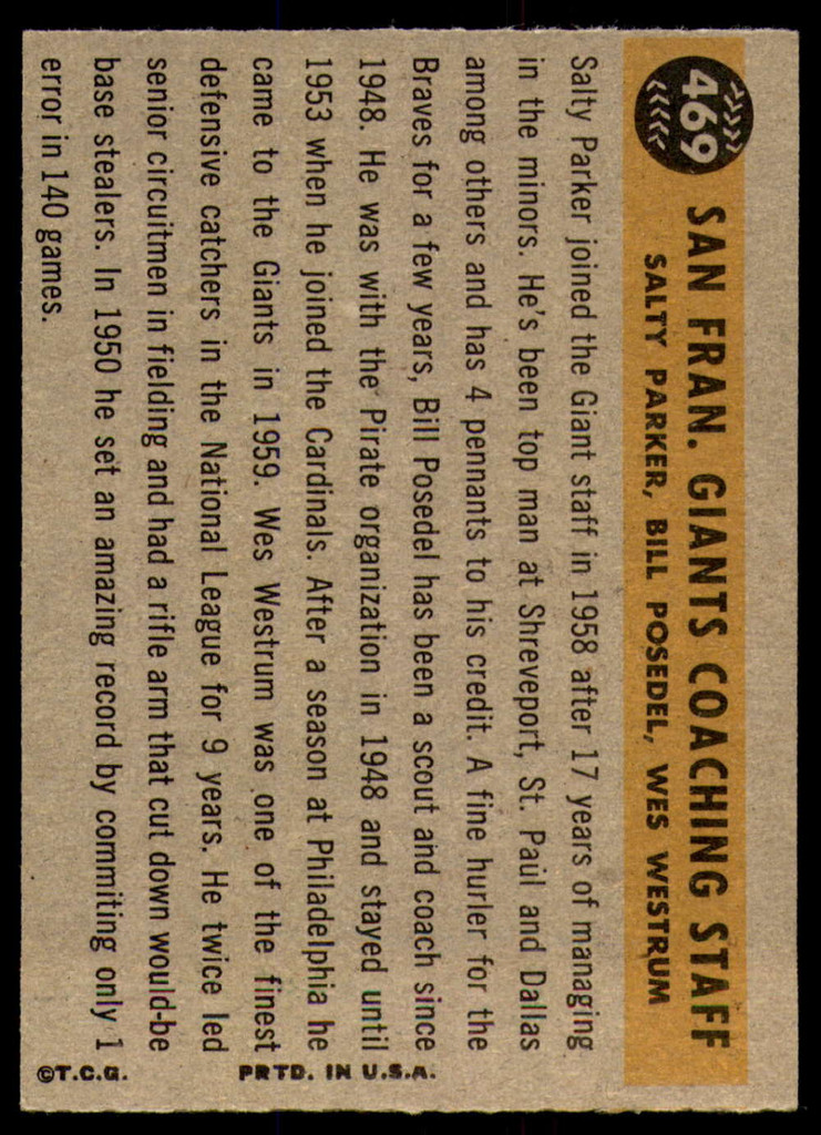 1960 Topps #469 Giants Coaches Very Good  ID: 240266