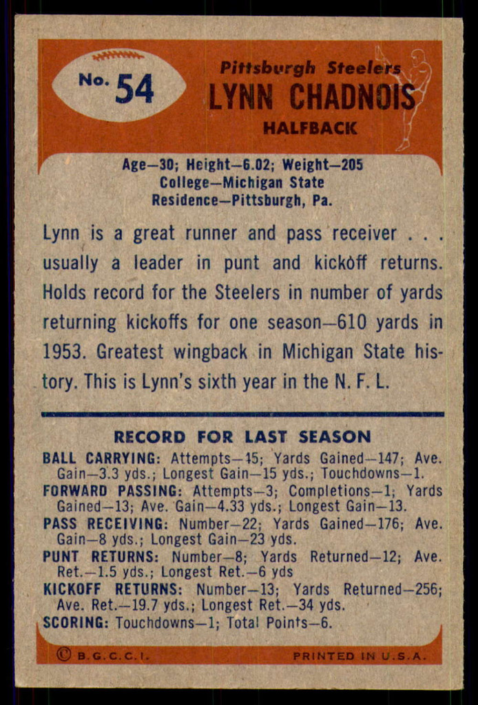 1955 Bowman #54 Lynn Chandnois UER Excellent 
