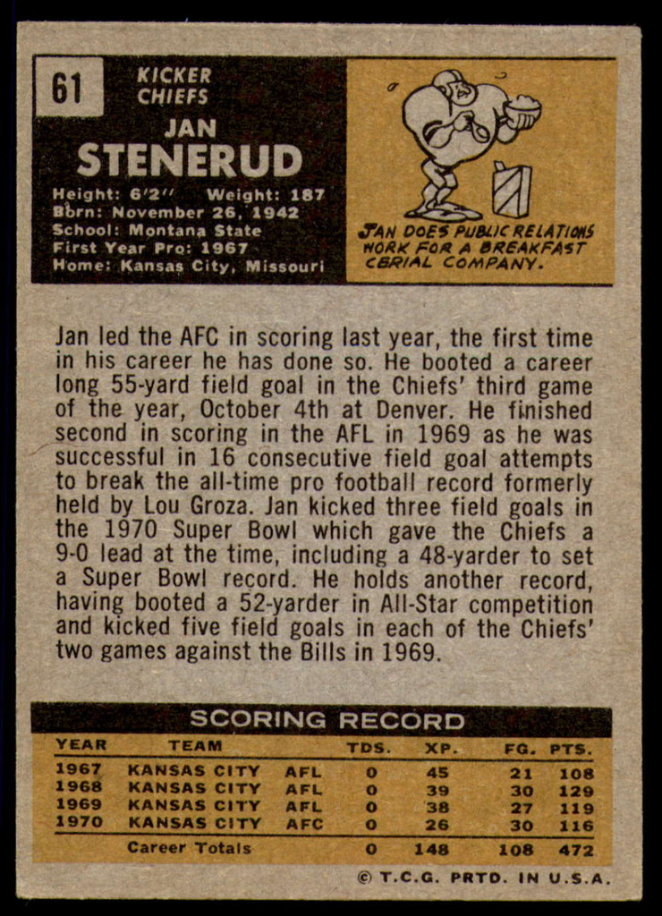 1971 Topps # 61 Jan Stenerud Excellent+ 